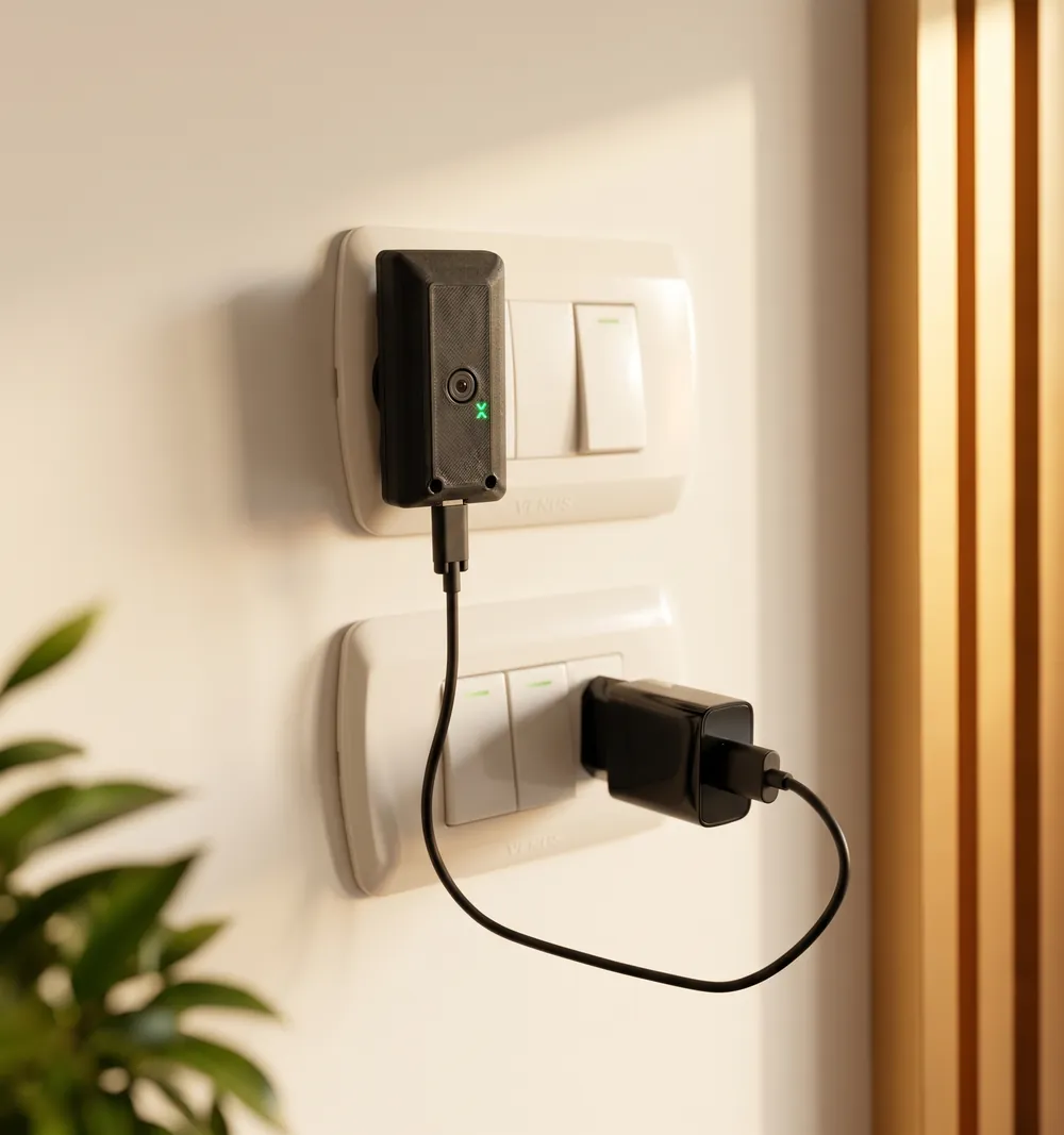 The controller mounted on a wall above a socket, running off a single cable.