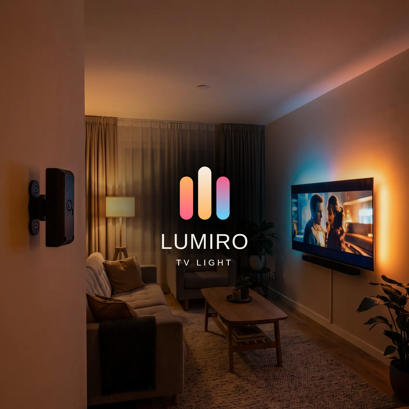 A low-lit living room with the Lumiro logo over the sofa, a TV glowing warm on the right and the controller on the wall at the left.