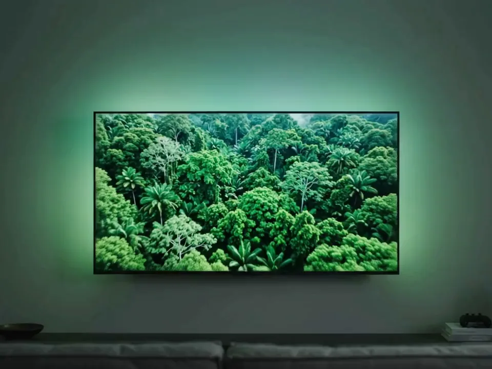 A TV on a dark wall with the picture's light spilling onto the wall behind it.